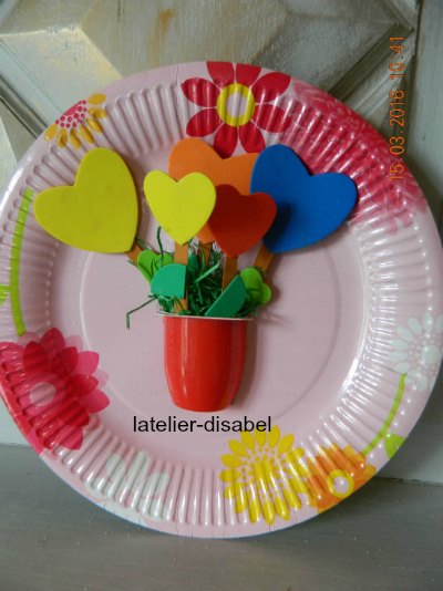 cadre avec assiette de carton,vase de fleurs ,activité de printemps